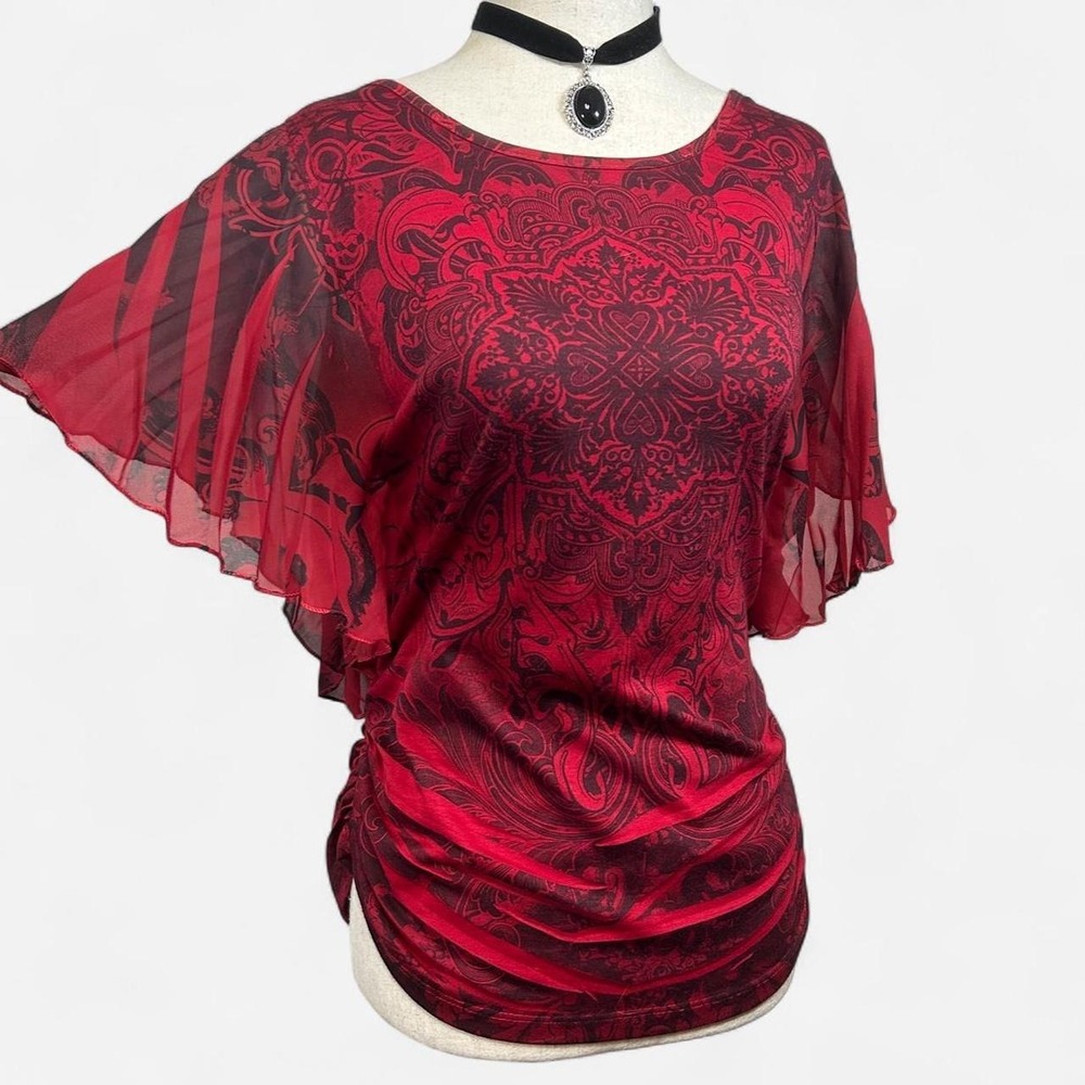 Y2K Fairy Grunge Batwing Top Sheer Sleeve Womens M Witchy Goth